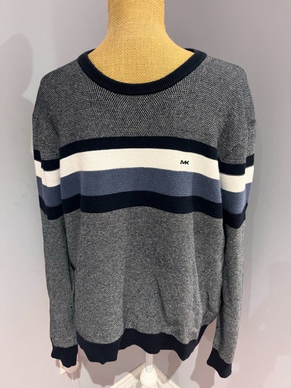 Michael Kors Mens Large Striped Crewneck Sweater Navy Blue Grey Cotton Knit